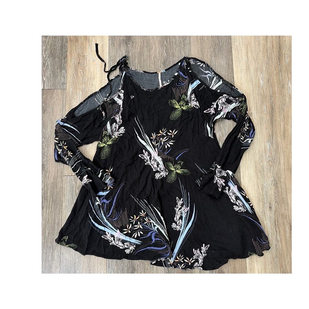 Free People Womens XS Floral Boho Tunic Dress Cold Shoulder Black Flowy Mini